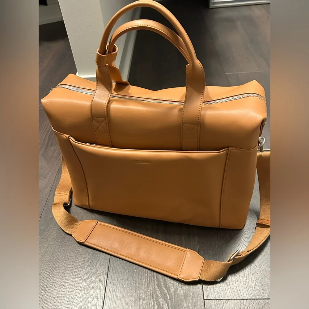 Elegant Tan Vegan Leather Laptop Tech and Travel Metro Duffle Bag